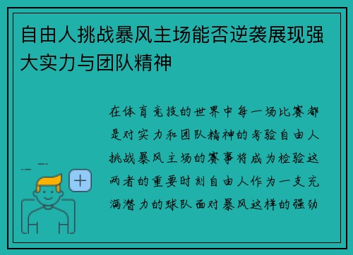 自由人挑战暴风主场能否逆袭展现强大实力与团队精神
